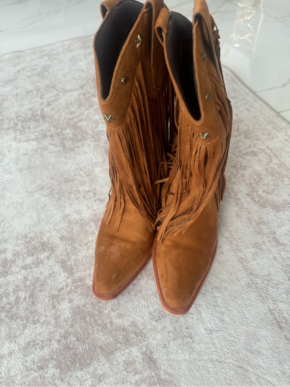 Fringe Western Mid‑Heel Boots - Tan Suede - Picture 6 of 6